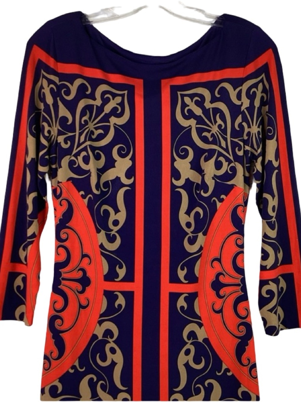 EXCELLENT CONDTN Navy Blue & Red Patterned Sheath Dress by Caché (Medium) - Picture 2 of 4